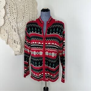 Vintage Y2K Christmas Tree Fair Isle Zip Front Cardigan Sweater Size Medium